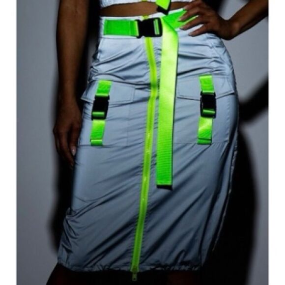 CAPSULLE Y2K Style Reflective High-Waist Midi Skirt With Neon Straps K - Picture 16 of 16